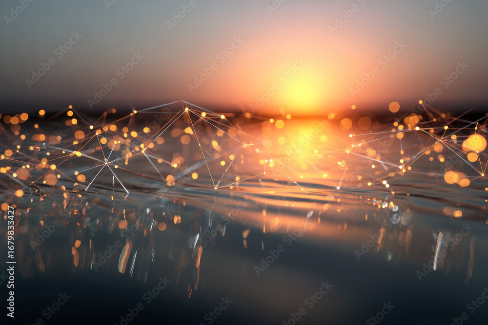 Poster abstract glowing network connections create a digital web of light over calm water reflecting a vibr