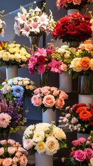 Obraz premium A vibrant display of colorful flower arrangements in various shades of pink, red, yellow, and white, beautifully arranged in cylindrical vases, creating a cheerful and inviting atmosphere.