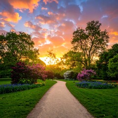 Beautiful park pathway bathed in golden sunset light with vibrant clouds.