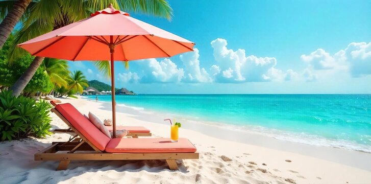 A vibrant summer scene featuring a beach umbrella, sun loungers, and refreshing drinks by the ocean, embodying carefree holiday vibes , waves, sky