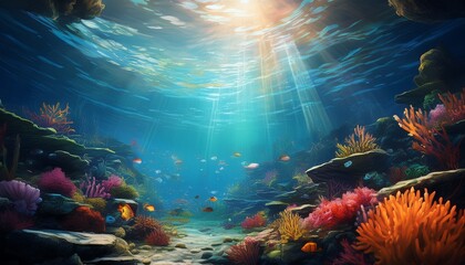 a vibrant underwater scene with coral reefs fish and sunlight filtering down