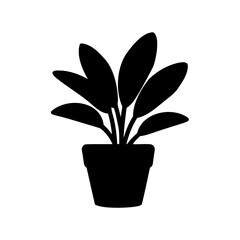 Black Silhouette Potted Plant with Large Leaves on White Background Illustration