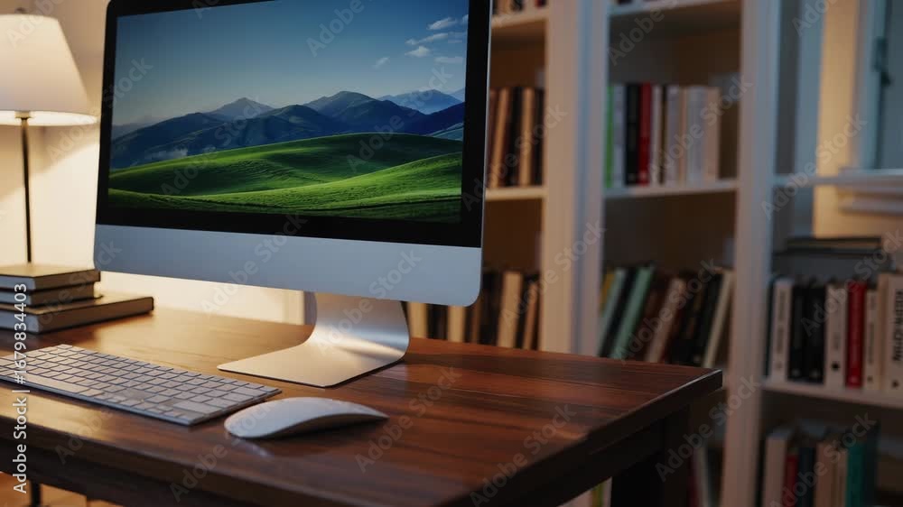 Poster modern computer desktop with wireless keyboard and mouse wooden desk home office with bookshelf