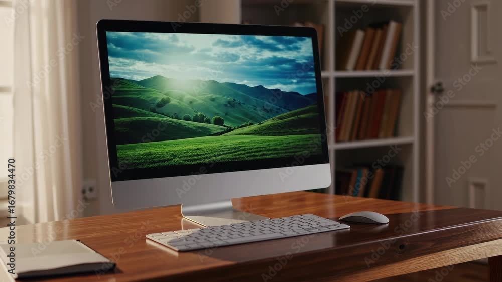 Poster modern computer desktop with wireless keyboard and mouse wooden desk home office with bookshelf