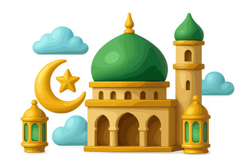 3D vector illustration set for Islamic holidays. Ramadan Kareem and Eid Mubarak celebration concept. Includes mosque, crescent moon, star, and lanterns for social media design.