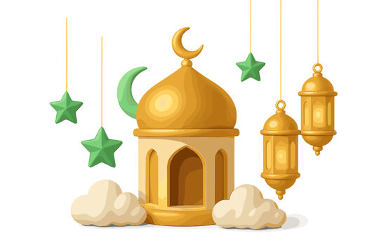 3D rendering Islamic celebration set for Eid Mubarak or Ramadan Kareem. Vector cartoon illustration with mosque, golden lanterns, stars, crescent moon and clouds. Social media post. - Powered by Adobe