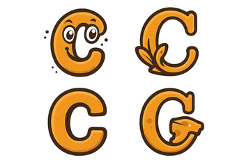Letter C logo design collection. Cute alphabet character C with cartoon face, natural C with leaf, and food letter G made of cheese with mouse. Vector icon font set for branding.