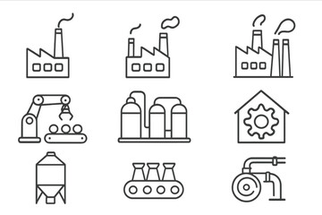 Manufacturing and industry vector icon set. Simple outline symbols of factory, plant, automation, production, robotic arm, conveyor, silo, machinery and equipment.