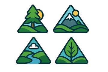 Nature logo collection. Triangle icon set with mountain, forest tree, river, and leaf. Outdoor adventure and travel emblems. Vector linear illustration for eco or park badge.