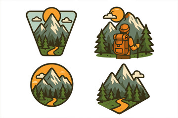 Mountain adventure hiking logo set. Outdoor travel emblem collection. Nature landscape badge with sun, forest, and trail. Vector illustration for camping, sticker, patch design.