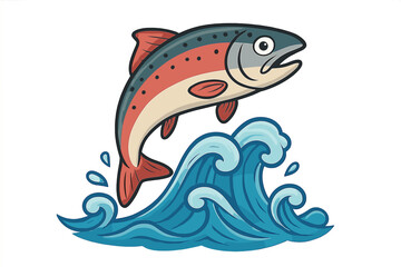 Jumping salmon fish out of water vector logo. Cartoon trout mascot for fishing sport team or seafood restaurant. Wild nature wildlife illustration with blue ocean wave.
