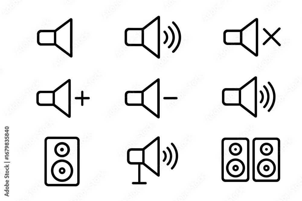 Poster speaker line icon set. audio volume control, sound on, mute, and music speaker symbols. vector outli