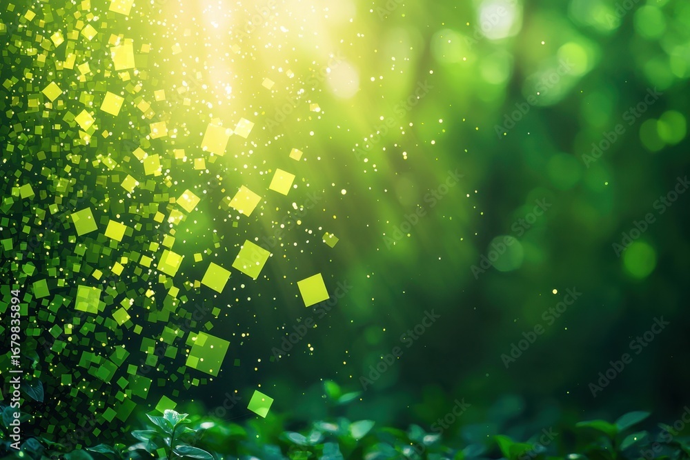 Poster bright abstract of green light with glowing particles in a natural setting