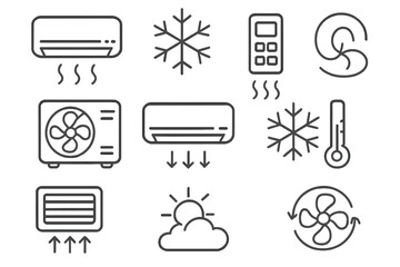 Air conditioner line icon set. HVAC, climate control, cooling and heating symbols. Vector outline icons for web and graphic design. Temperature, fan, remote, snowflake signs.
