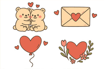 Cute hand-drawn Valentine's Day illustration set. Vector cartoon icons with hugging bears, love letter, heart balloon, floral heart. Romantic sticker pack for social media.