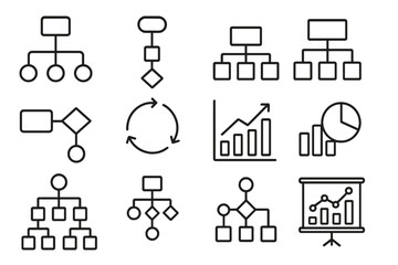 Flowchart and algorithm outline icon set. Business process diagram, org chart hierarchy, data analytics graph, and presentation infographic symbols for web and app design.