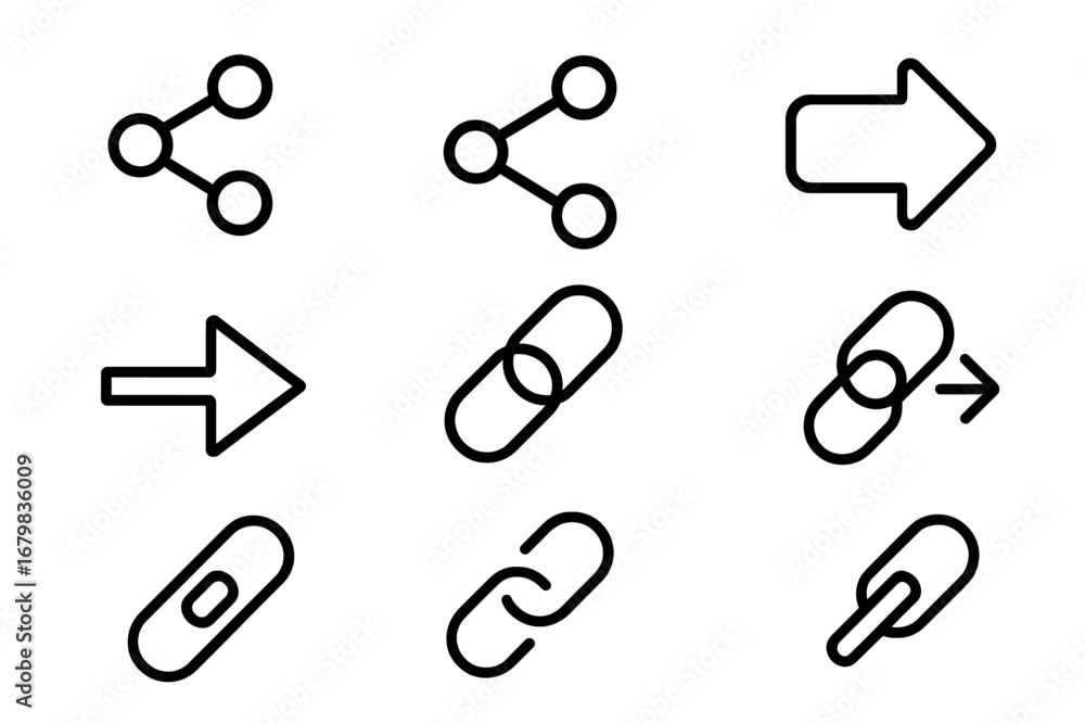 Poster share and link vector icon set for web and graphic design. outline symbols for app interface, social