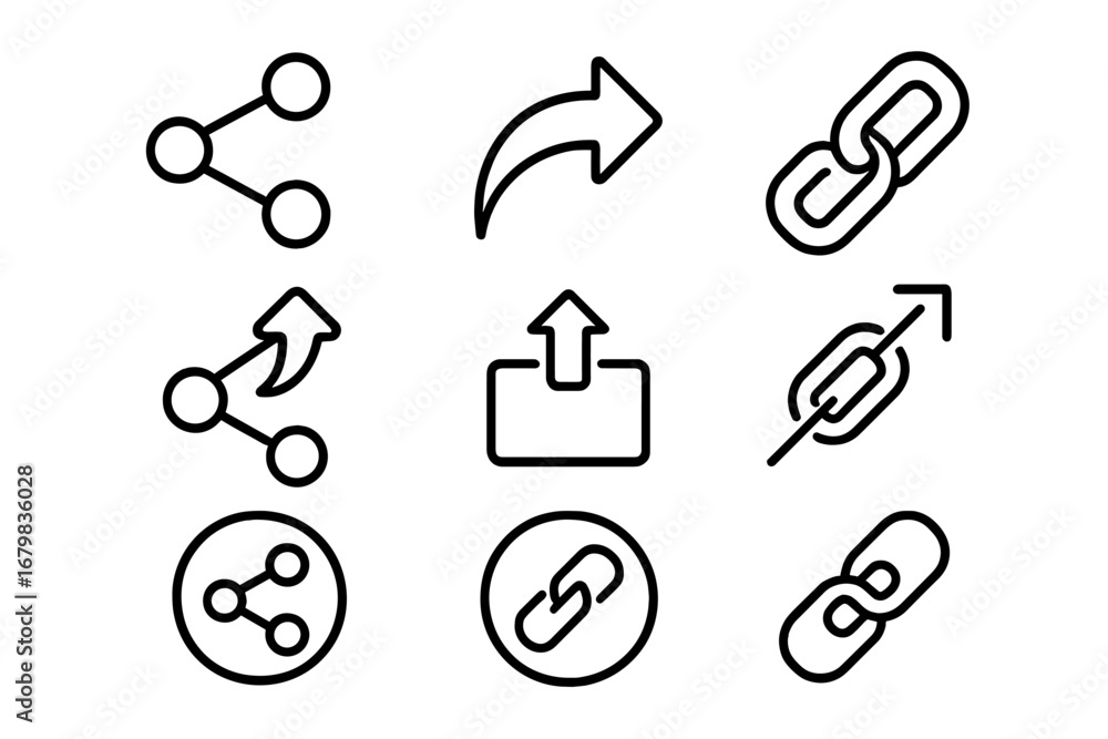 Poster share and link icon set. vector line icons for web design, apps, and ui/ux. includes hyperlink, conn