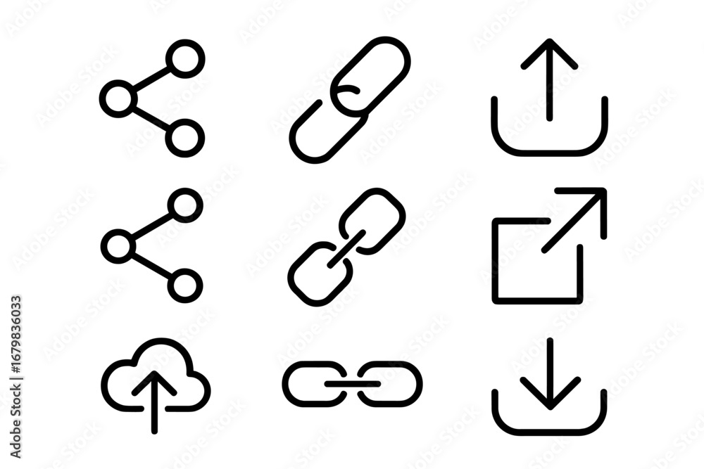 Poster share and link vector icon set. essential line icons for web design, ui, ux, and apps. includes uplo
