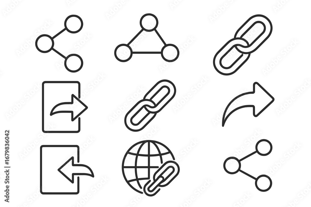 Poster share and link vector line icon set. connection, navigation, and network symbols for web design, ui,