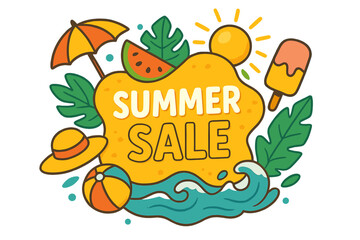 Summer sale vector banner illustration. Cartoon background for advertising poster. Tropical beach concept with sun, wave, and ice cream for seasonal discount promotion design.