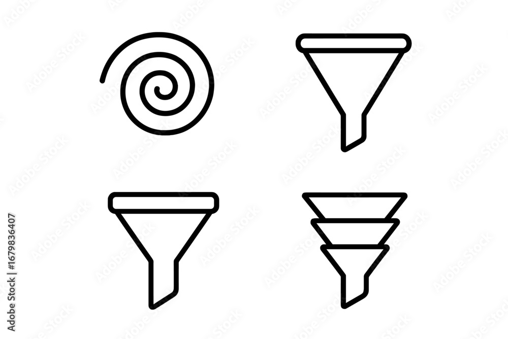 Poster filter line icon set. funnel, vortex, and spiral outline symbols for data filtering and conversion p