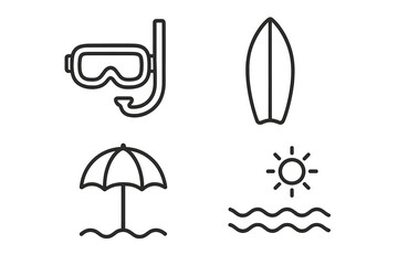 Beach vacation line icon set with diving mask, surfboard, and umbrella. Summer travel and seaside activity symbols. Minimal outline vector graphic for web and mobile design.