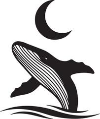 Whale Moon Silhouette Logo Vector Ocean Dream Mystery Night Harmony Nature Symbol Minimal Black White Design