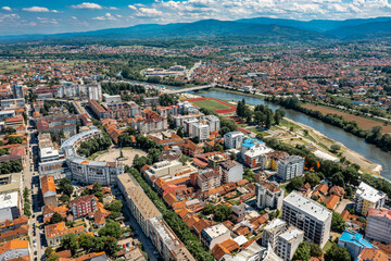 Kraljevo city and river Ibar, drone view of town in Serbia