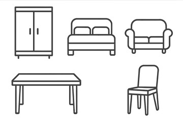 Furniture line icon set. Wardrobe, bed, sofa, table, chair icons. Simple outline pictogram collection for web, app, and graphic design. Editable stroke vector illustration.