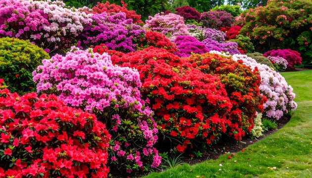 A vibrant display of azaleas in various shades of pink and red, showcasing a beautiful garden border.