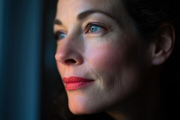 Obraz premium Close-up portrait of mature woman with natural beauty looking out the window, soft lighting highlighting skin texture and thoughtful expression
