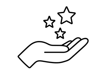 Hand with stars line icon. Concept for quality, service, rating, feedback, and customer review. Symbol of success, achievement, excellence, bonus, prize, and satisfaction.