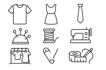 Sewing and tailoring editable stroke line icon set. Fashion design, needlecraft, and garment industry vectors. Includes sewing machine, thread, t-shirt, dress, and measure tape.