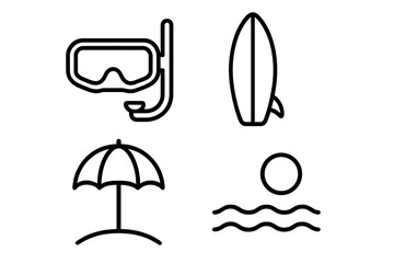 Summer beach vacation line icon set. Diving mask, surfboard, umbrella, and ocean wave outline symbols. Vector graphic elements for web design, apps, and travel concepts.