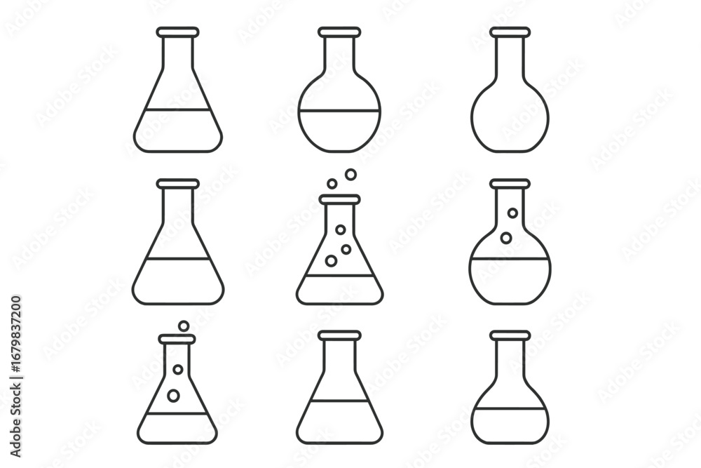 Poster laboratory flask and beaker line icon set. outline signs for science and chemistry concepts. vector 