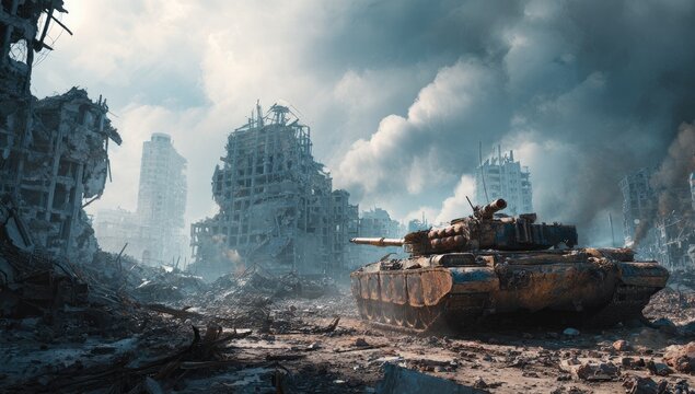 Tank amidst devastated cityscape.  Ruined buildings,  clouds of smoke,  war-torn landscape