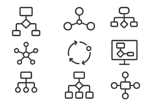 Flowchart icon set. Process diagram and workflow symbols. Algorithm, structure, and hierarchy signs. Business organization chart. Vector line icons with editable stroke for UI.