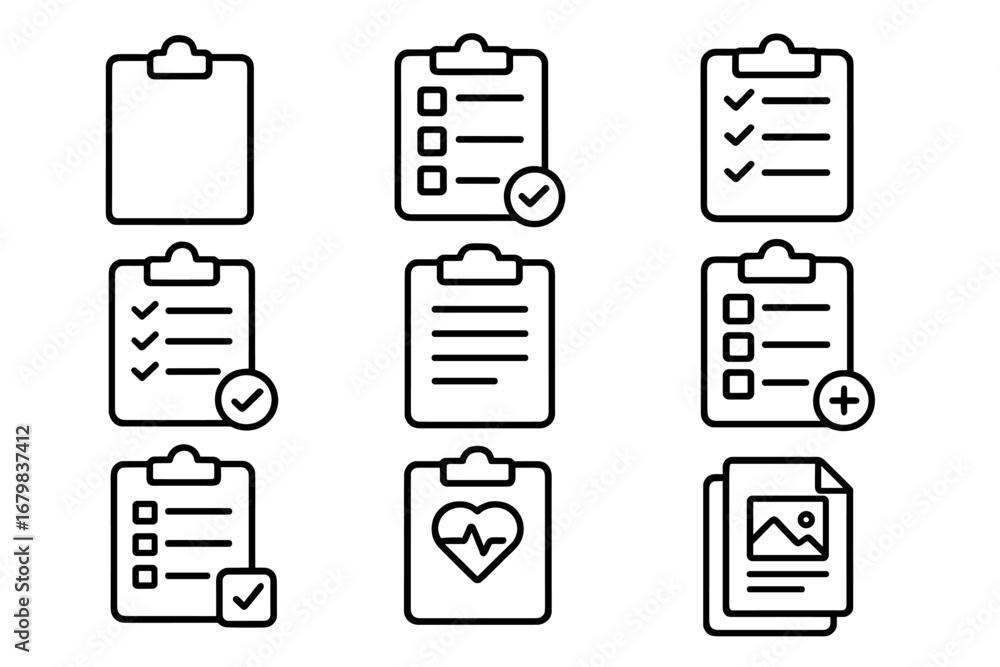 Poster clipboard line icon set. checklist, to-do list, task management vector symbols. editable stroke. doc