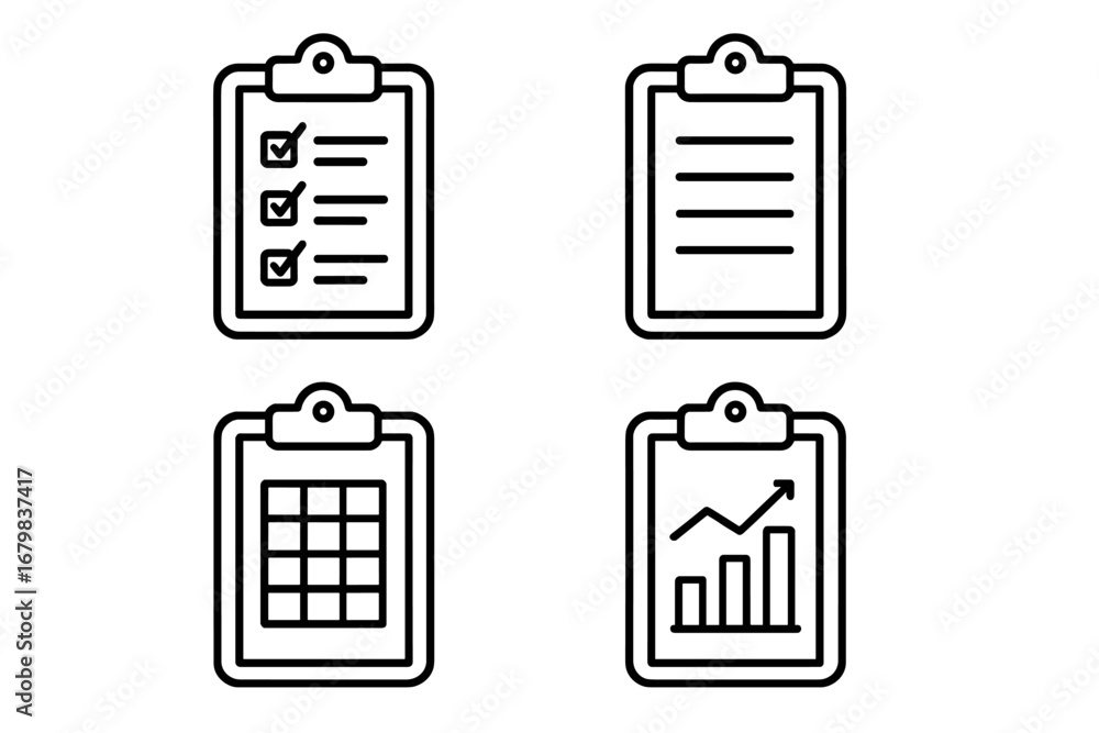 Poster business report outline icon set. clipboard with checklist, financial analytics graph, data table, d