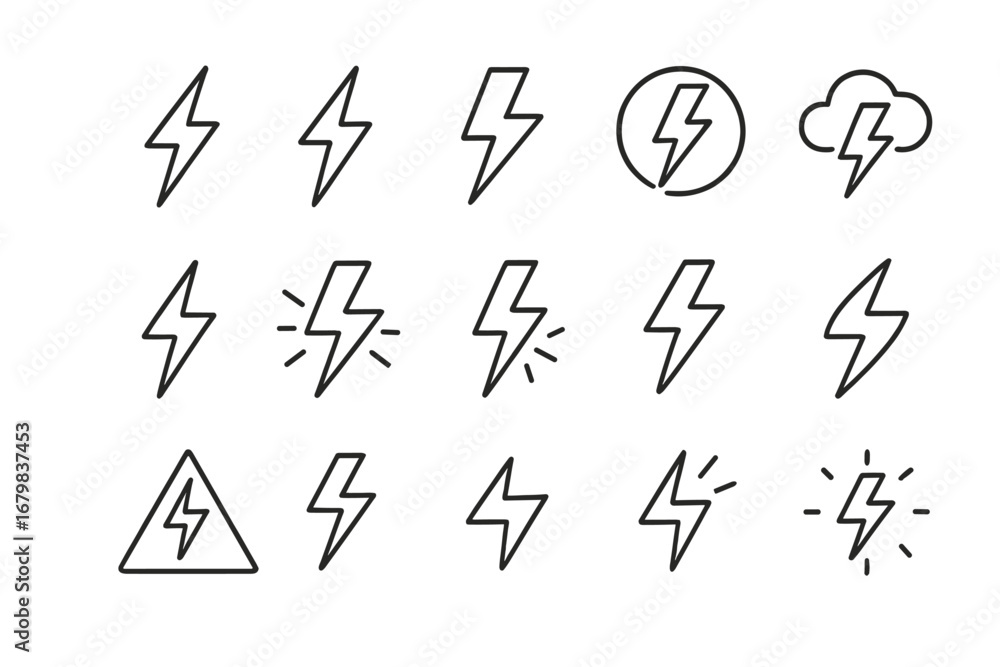 Poster lightning bolt thin line icon set. simple outline thunder flash symbol collection. vector storm, pow