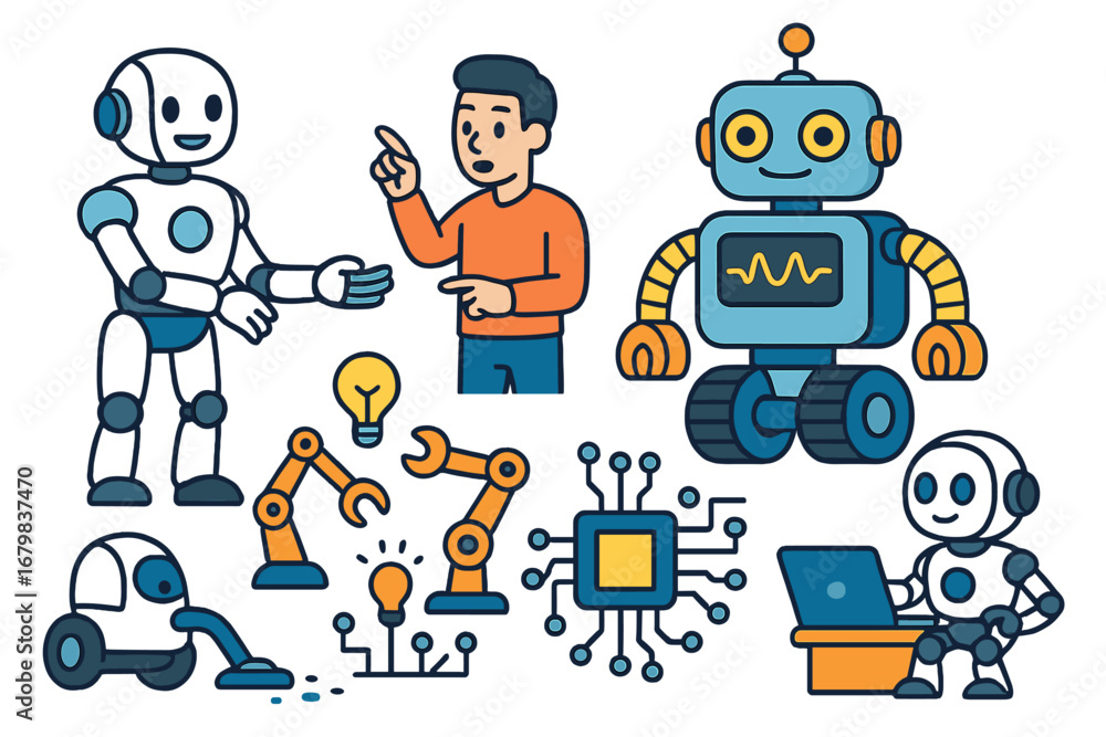 Poster robot character vector set. artificial intelligence and robotics concepts. future technology, automa
