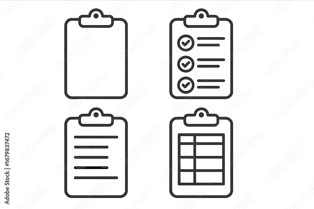 Poster clipboard outline icon set. checklist, task list, document, form, and report symbols. vector linear 