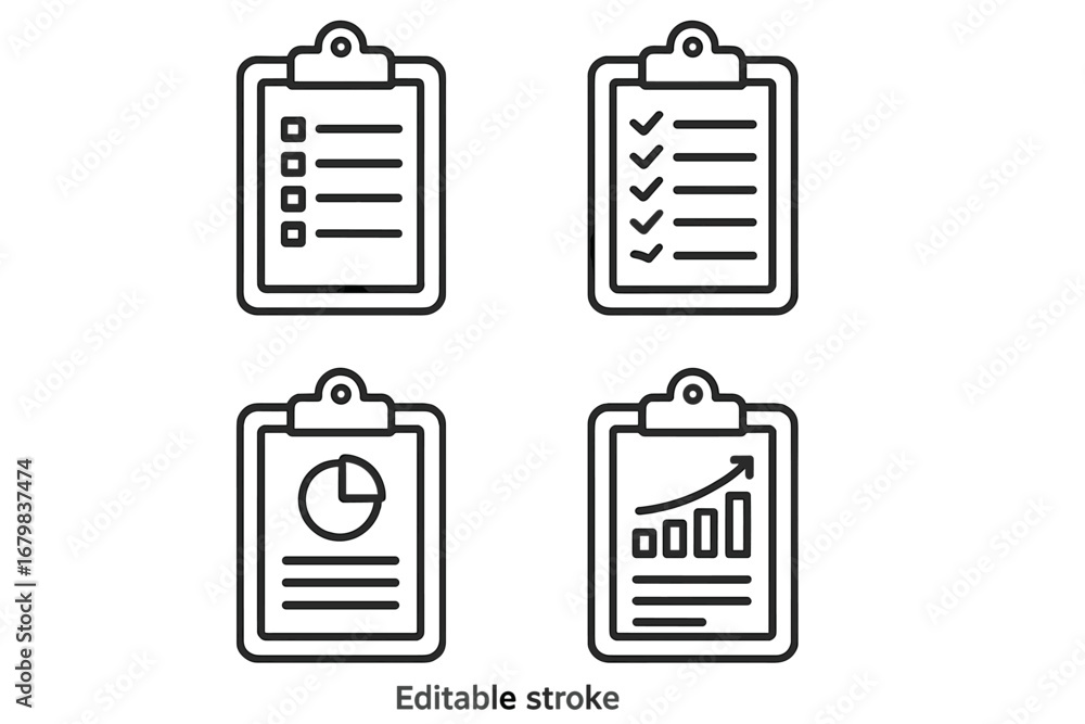 Poster clipboard outline icon set for business report, data analysis, and task management. vector icons of 