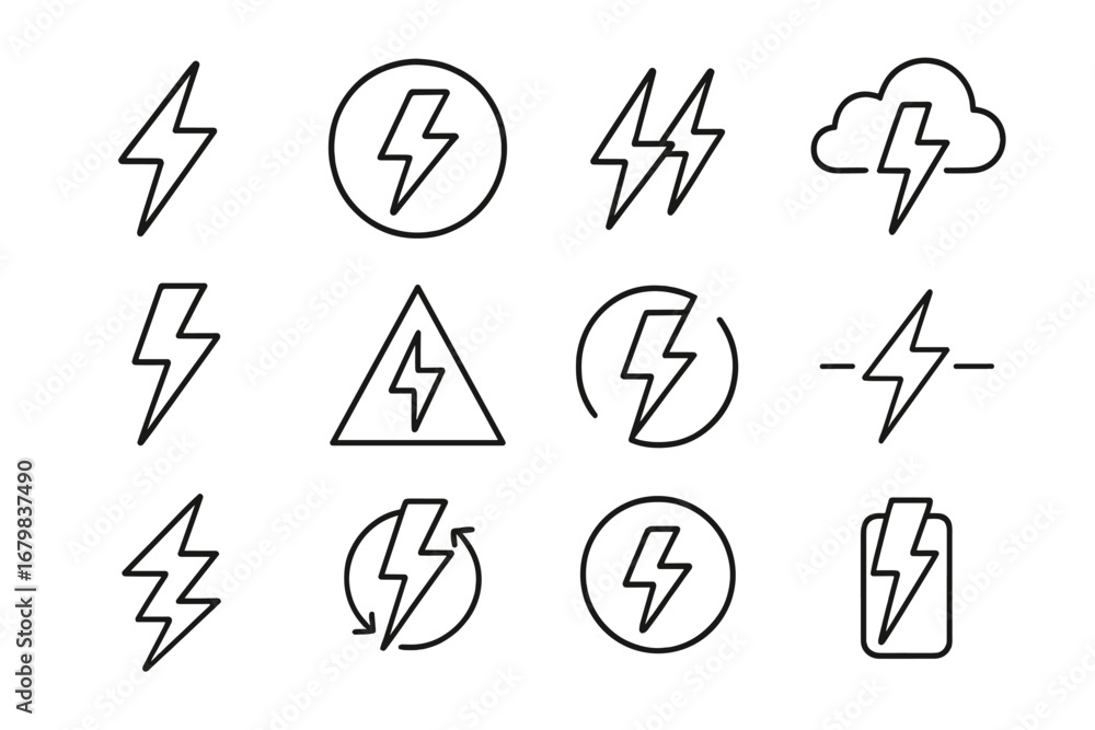 Poster lightning bolt simple line icon set. thin outline flash thunderbolt symbol collection. concept of el