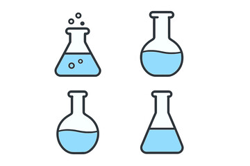 Science lab flask icon set. Chemistry beaker and glassware pictograms. Minimalist linear icons for research, experiment, and education. Vector graphic for web and apps.