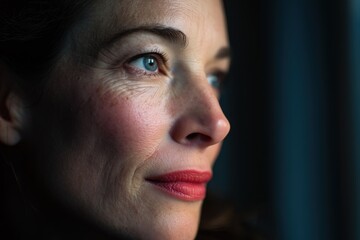 Obraz premium Close-up portrait of mature woman with natural beauty looking out the window, soft lighting highlighting skin texture and thoughtful expression