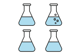 Science lab flask icon set. Vector pictogram for chemistry experiment and research. Blue liquid in beaker with chemical reaction bubbles. Minimalistic laboratory glassware symbol.