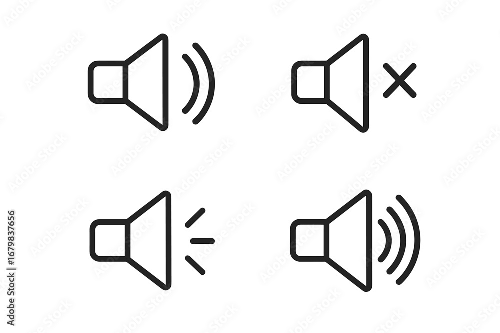 Poster speaker volume icon set. sound on, off, mute, and level control buttons. modern outline style vector
