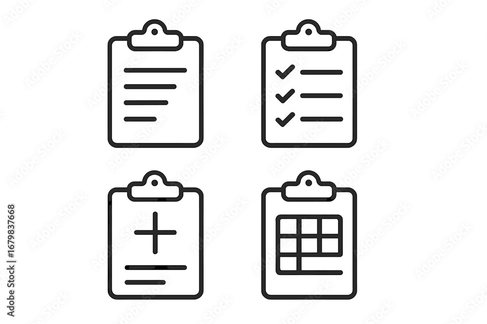 Poster clipboard line icon set. vector collection of simple outline symbols for report, checklist, schedule